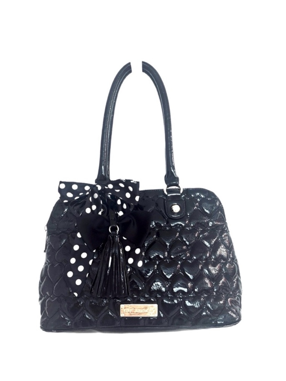 BETSEY JOHNSON ~ Large Black Quilted Hearts Handbag with Polka Dot Twilly - Picture 5 of 11
